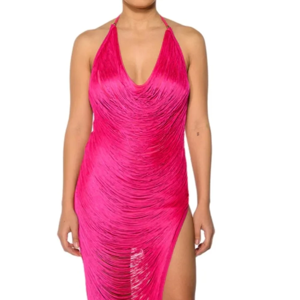 Callie Pink Summer: Fuchsia Layered & Draped Fringe Cowl & Split Maxi Dress - Picture 3 of 7